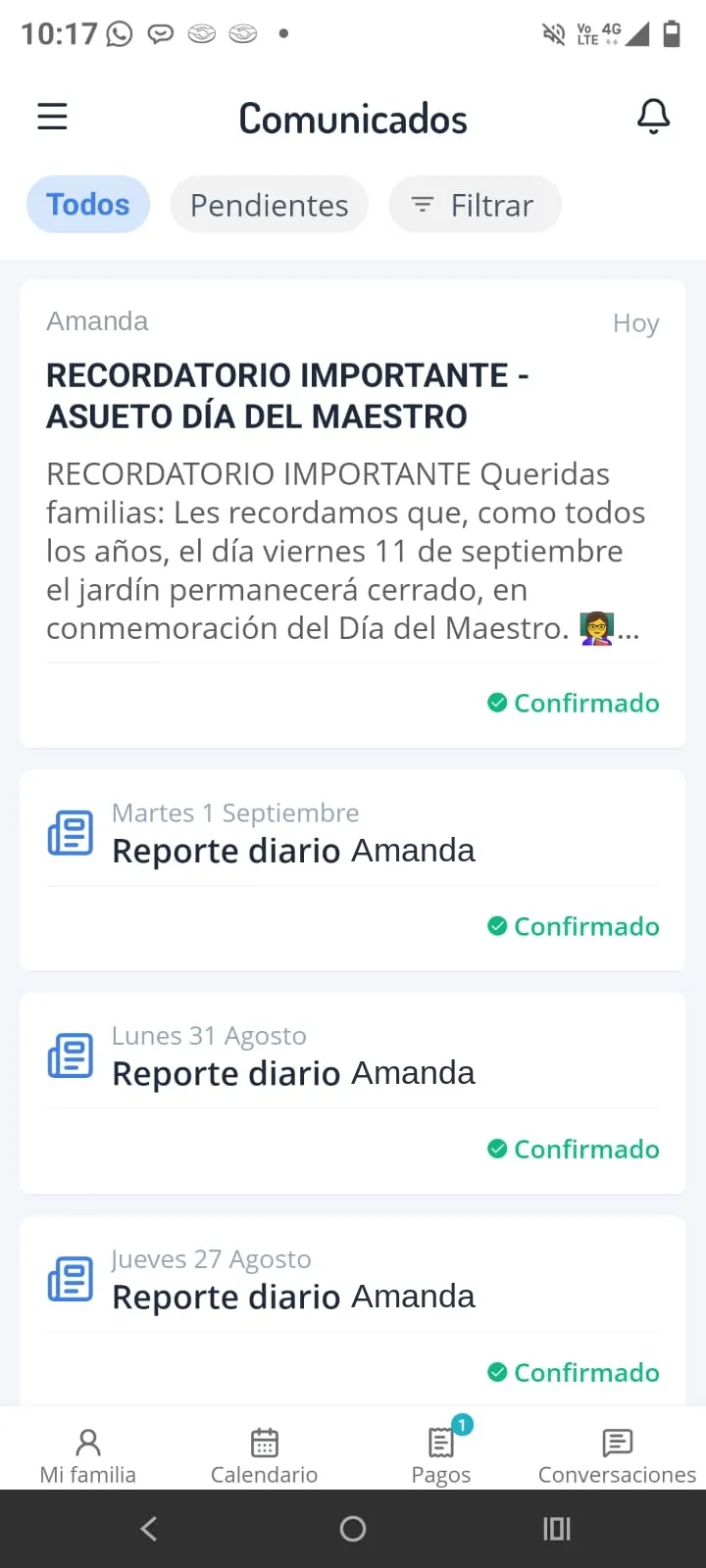 Captura de la app Cuaderno Rojo con los comunicados de la sala